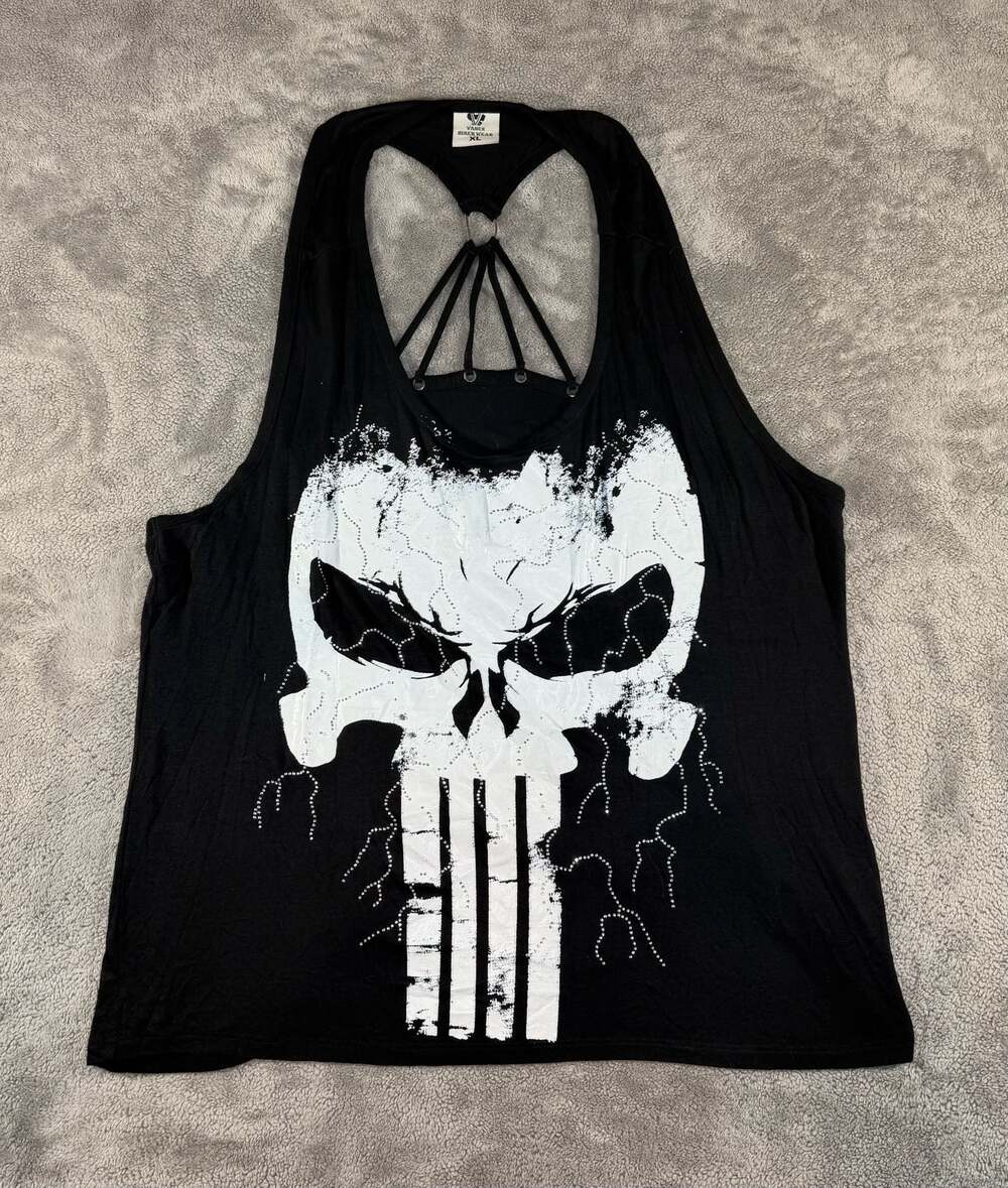 Vance Biker Wear Punisher Rhinestone Skull Racerback Tank Top Black XL